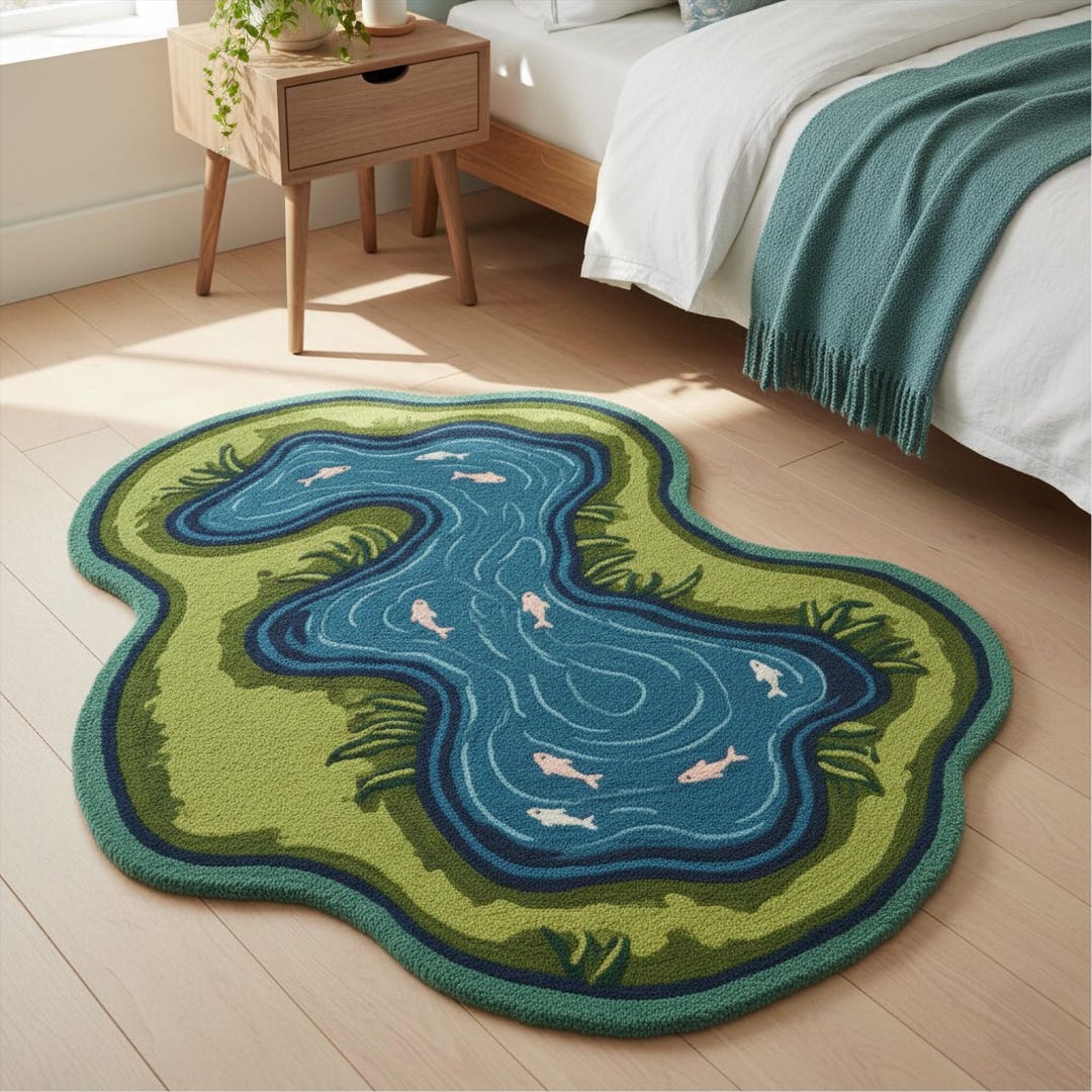 Pond Rug Design Blue Green Grass Koi Fish Pond Design Irregular Hand Tufted Wool Rug ...
