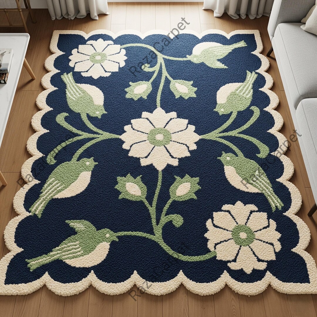 Navy Blue Green Bird Floral Hand Tufted Wool Rugs for Living Room 8x10 ...