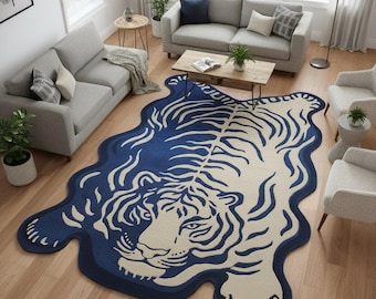 Navy Blue Ivory Tiger Wool Rug, Irregular Hand Tufted Area Kids Room Rug