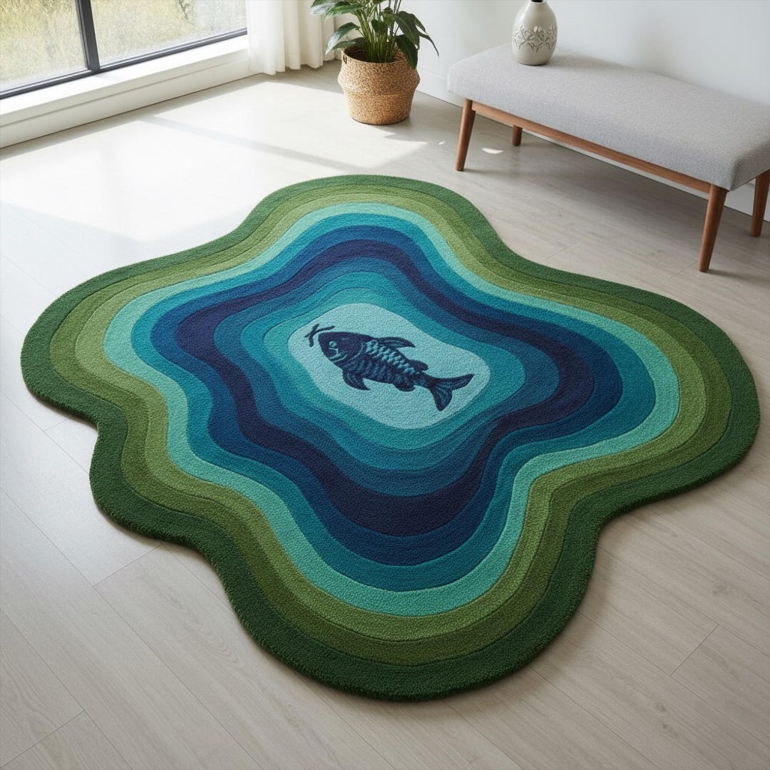 Koi Fish Pond Wool Rug, Irregular Blue Green Hand Tufted Area Rugs - Etsy