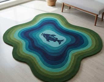 Koi Fischteich Wollteppich, Unregelmäßige Blau Grün Hand getuftet Bereich Teppich