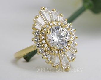 14k Gold Starburst Engagement Ring, Round Moissanite Art Deco Ring, Vintage Inspired Promise Ring Gatsby Ring, Anniversary Ring