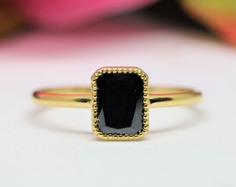 Onyx Art Deco Ring, 2.50 Carat Emerald Onyx Engagement Ring, Vintage Bezel Set Milgrain Wedding Ring, Gold Onyx Gemstone Statement Ring