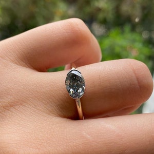 Oval Cut Grey Moissanite Engagement Ring, East To West Oval Solitaire Promise Ring, 14k Solid Gold Half Bezel Setting Anniversary ring image 4