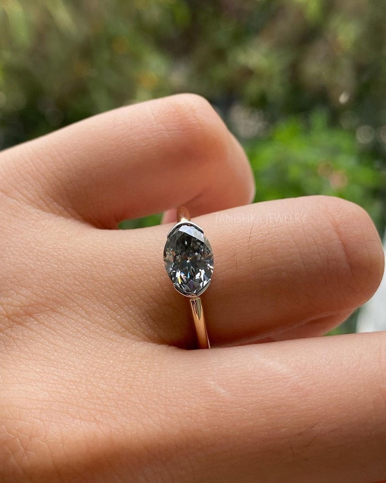 Oval Cut Grey Moissanite Engagement Ring, East To West Oval Solitaire Promise Ring, 14k Solid Gold Half Bezel Setting Anniversary ring image 4