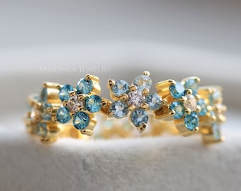 Blume Ewigkeit Ehering Blume Saphir voller Eternity Ring 14k Gold Daisy Ring Jahrestag Ring für sie Blauer Saphir Statement Ring