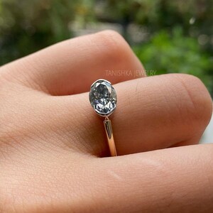 Oval Cut Grey Moissanite Engagement Ring, East To West Oval Solitaire Promise Ring, 14k Solid Gold Half Bezel Setting Anniversary ring image 3