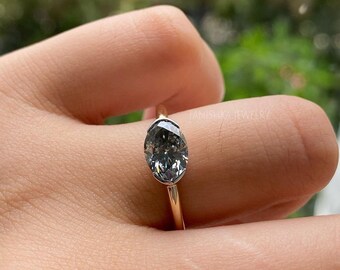 Oval Cut Grey Moissanite Engagement Ring, East To West Oval Solitaire Promise Ring, 14k Solid Gold Half Bezel Setting Anniversary ring