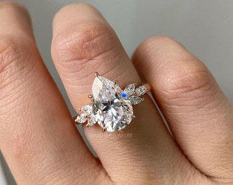 Bague de fiançailles en moissanite taille poire Halo caché en moissanite Bague de promesse marquise sur le côté Bague de mariage en forme de larme en or 14 carats, cadeau pour elle