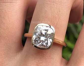 3 CT Cushion Cut Moissanite Ring Hidden Halo Engagement Ring Bezel Set Wedding Ring, Vintage Style Ring, Anniversary Ring Gift