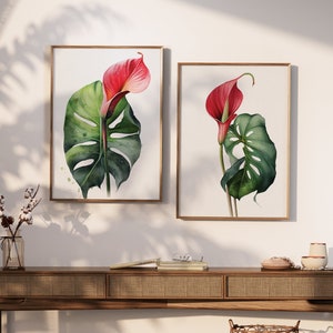 Tropical Anthurium Flowers, set of 2 prints, Tropical Wall Art Digital Download, Printable Caribbean Plant Wall Decor, Flamingo Flowers