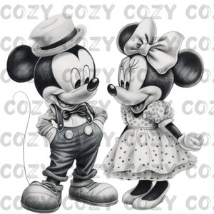 Digital Mickey & Minnie Mouse Black and White Cartoon Character, PNG, Sublimation, sticker, Print then Cut,  Image