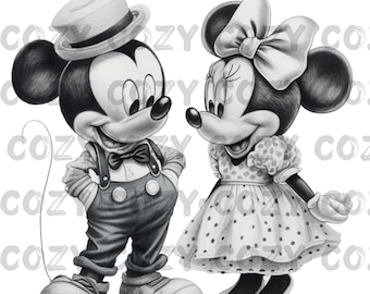 Digital Mickey & Minnie Mouse Black and White Cartoon Character, PNG, Sublimation, sticker, Print then Cut,  Image