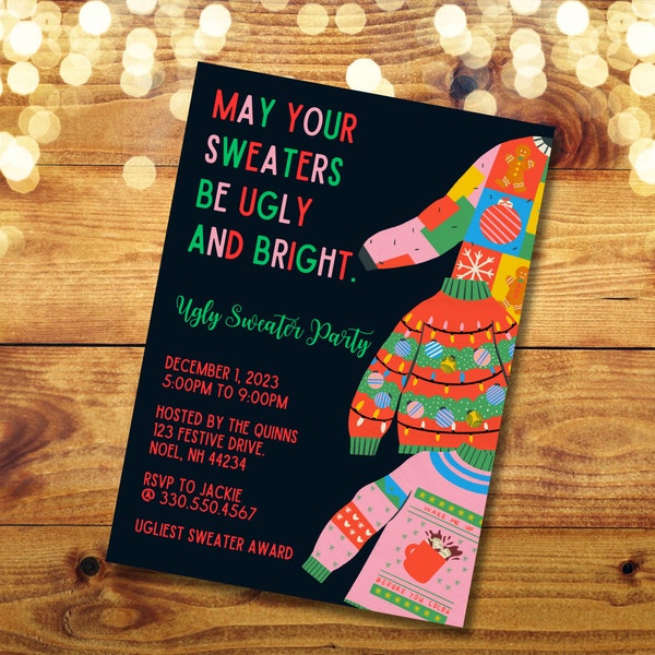 Editable Double Sided-Black Ugly Sweater Invitation