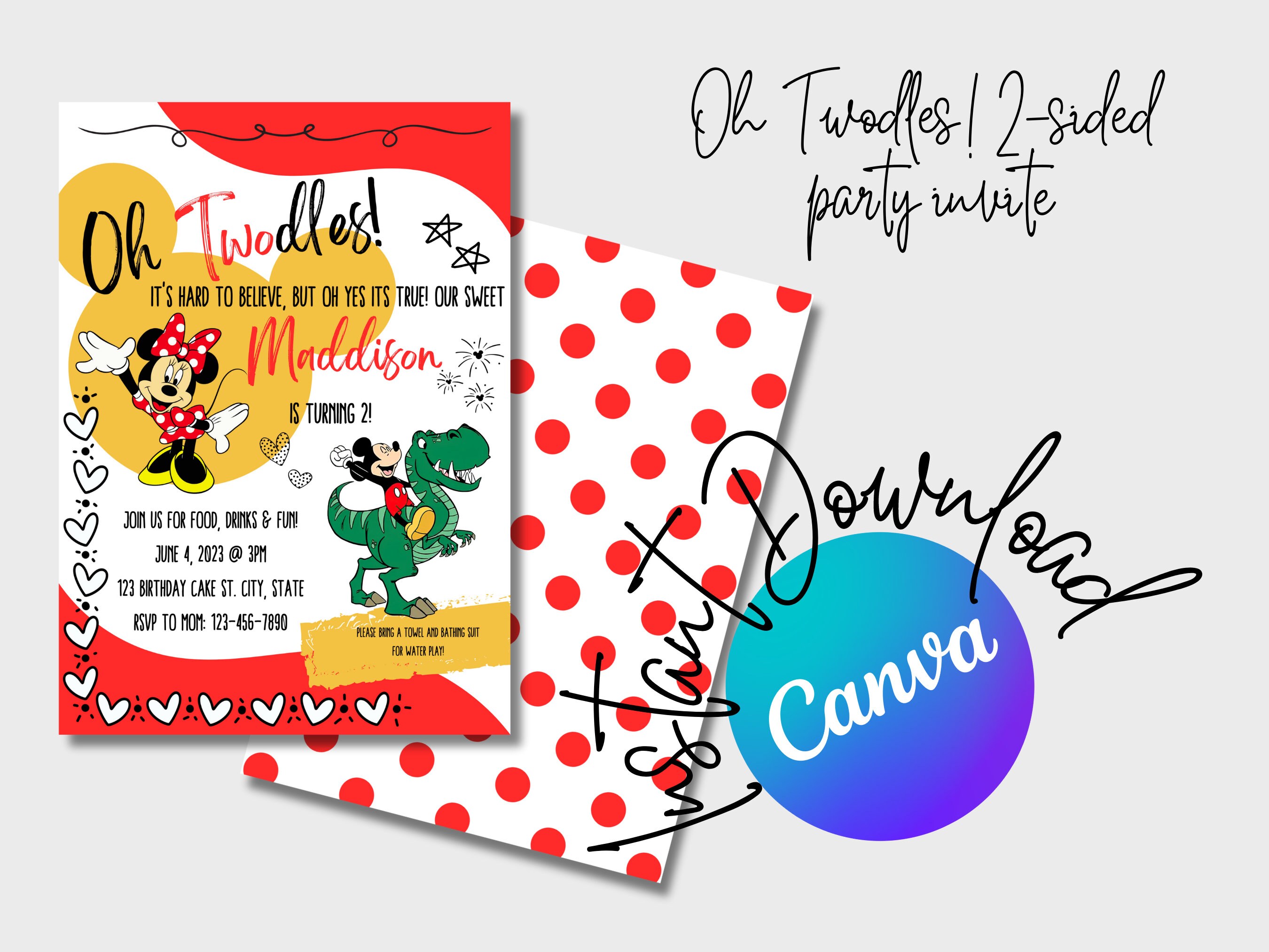 Editable Double Sided Oh Twodles 2nd Birthday Mickey Party Invitation