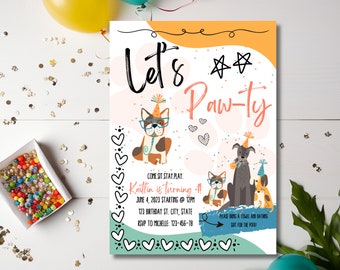 Editable Double Sided- Let's Paw-ty! Colorful Birthday Party Invitation