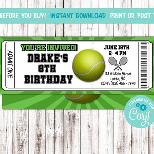 Tennis-Geburtstags-Einladung - Ticketgröße 3 x 7 Zoll. Digitale Sport-Party lädt Jungen und Mädchen ein - Tennis-Printables, Teamparty anpassen