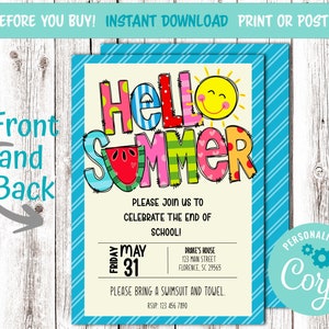 Hallo Sommer bearbeitbare digitale Einladung. Jahresabschlussparty. 5 x 7 Zoll Printable. Post auf Social Media. Text. Sommer-Grillküche Party Schule