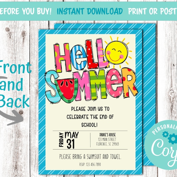 Hello Summer Editable Digital Invitation. End of Year Party. 5 x 7 inch Printable. Post on Social Media. Text. Summer Cookout Party School