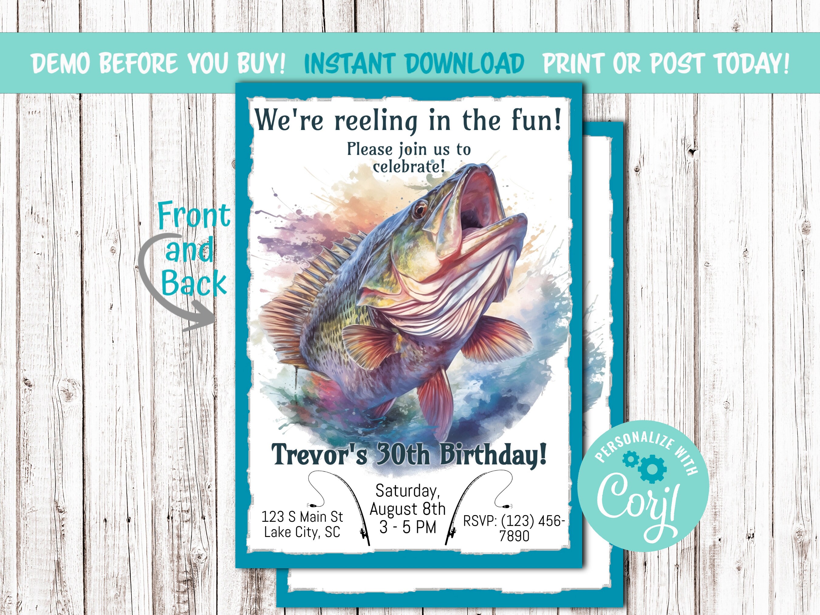 Bass Fishing Birthday Party Invitation, 5x7 In, Printable and Editable ...