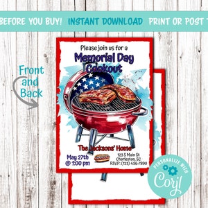 Memorial Day Cookout BBQ Summer Editable Printable Digital Invitation Pool Party Instant Download Patriotic Grill Out