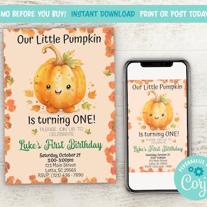 Nuestra pequeña calabaza está cumpliendo una invitación digital, Impresión 5 x 7, Primer cumpleaños de Halloween, Otoño, Invitación a redes sociales, Niño de un año