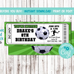 Fußballticket-Geburtstagseinladung, bearbeitbare digitale Einladung, Ticketgröße. Fußball Party Boy oder Girl. Sportparty. 90 x 180 mm, Karteneinladung