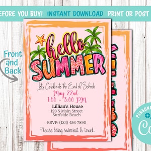 Bearbeitbar Hallo Sommer, Ende der Schule Party-Einladung Digital 5 x 7. Print Post Text. Letzter Schultag. Tropischer Pool Party Download