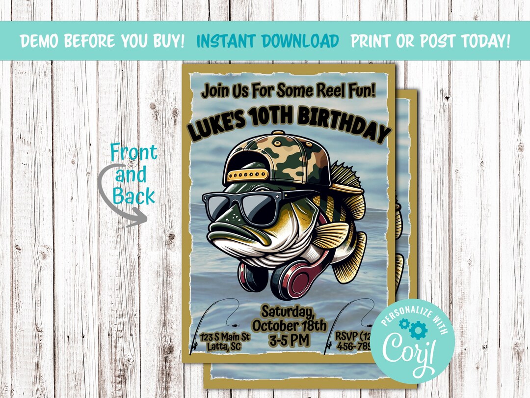 Bass Fishing Birthday Party Invitation, 5x7 Inches, Editable Digital ...