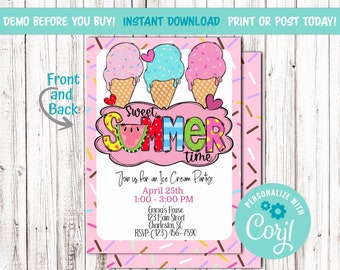 Sweet Summertime Editable Printable Ice Cream Party Social Digital Invitation. 5 x 7. Corjl. Download and Post or Print Today.