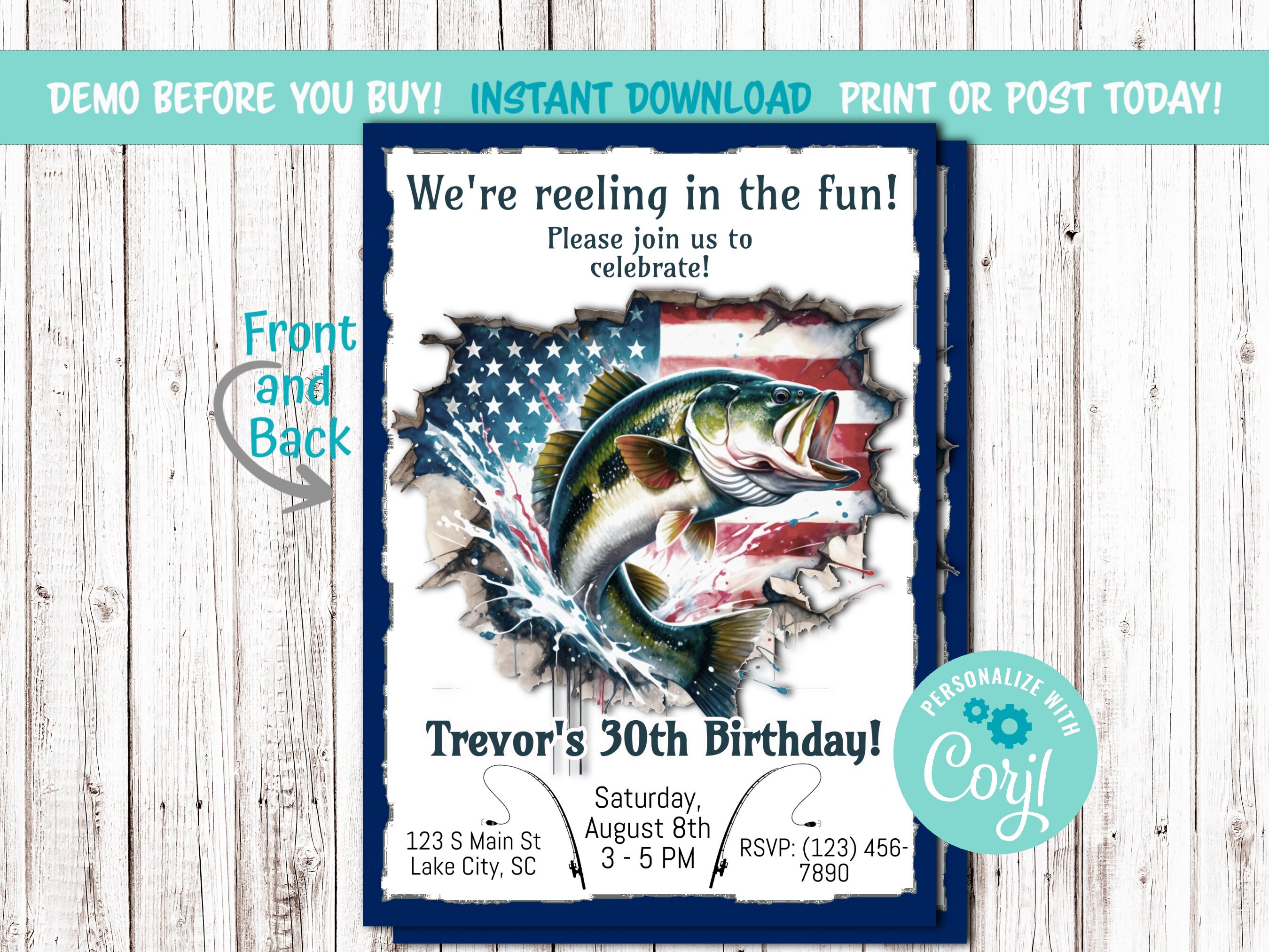 Bass Fishing Birthday Party Invitation, 5x7 in Printable and Editable ...