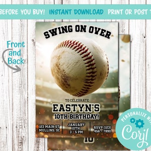 May include: Baseball-themed birthday party invitation with a photo of a baseball, the text "Swing on Over" and the words "To Celebrate Eastyn's 10th Birthday!"  The invitation includes details for the party, including the date, time, and location.