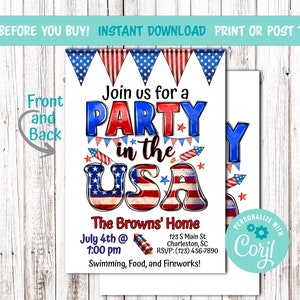 4th of July Cookout Invite, Summer Editable Printable Digital Invitation, Pool Party, Patriotic, Grill Out, Family Gathering, 5 x 7