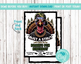Turkey Hunter Birthday Party Invitation, Editable, Bird Hunting, Camouflage, Tom Turkey, Camo Party, Bust a Strut, Digital Invite, Outdoors