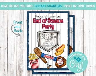 End of Baseball Season Team Party Editable Invitation. Printable Team Invite. Cookout. Homerun Celebration. Digital Download. 5 x 7 inch.
