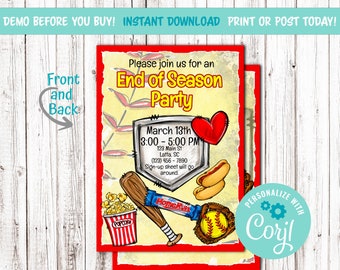 Softball End of Season Party Invitation. Editable Template. Team Party Cookout. Girls Womens Sports. 5 x 7 inch. Digital Download. Instant.