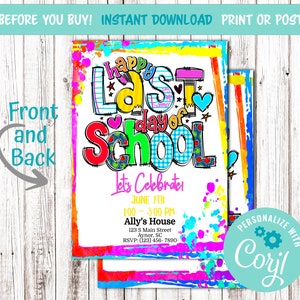 Happy Last Day of School Editable Digital Invitation. School Pool Class Party. Colorful 5 x 7 invite. School's Out. End of Year Summer Party