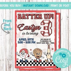 May include: A red and white baseball-themed birthday party invitation with the text "Batter Up!" and "Easyn is turning 3". The invitation includes a baseball, a bat, and a glove.