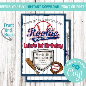 Rookie of the Year 1st Birthday Invitation, Baseball, Printable Boys Sports Theme, Digital Download, Little Slugger Party Invite, All-Star