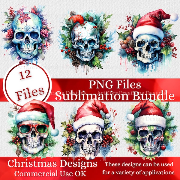Christmas Skulls Bundle, Gothic Christmas, Spooky Christmas, Skull wreath PNG