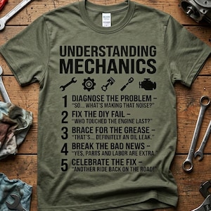 May include: Olive green t-shirt with the text "UNDERSTANDING MECHANICS" and a list of steps with related tools. The shirt features a crew neck and short sleeves. Tools and parts are scattered around the shirt.