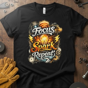 Könnte beinhalten: Schwarzes T-Shirt mit den Worten "Focus Spark Repeat" in einem farbenfrohen Design mit einer Glühbirne, Blitzen und Zahnrädern. Das T-Shirt ist von Werkzeugen und Arbeitshandschuhen auf einer Holzoberfläche umgeben.