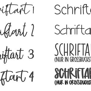 May include: A white background displays eight examples of different font styles in black. The word "Schriftart" is followed by a number for each font. Two of the fonts are in all capital letters. The image is a font style guide.