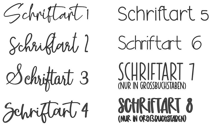 May include: A white background displays eight examples of different font styles in black. The word "Schriftart" is followed by a number for each font. Two of the fonts are in all capital letters. The image is a font style guide.