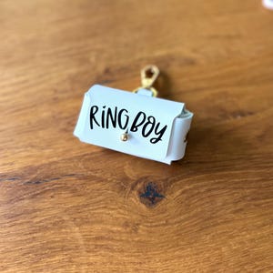 May include: A light blue leatherette bag with the words "RING BOY" in black script. The bag has a gold-colored clasp and a small gold-colored stud. The bag is designed to hold small items.