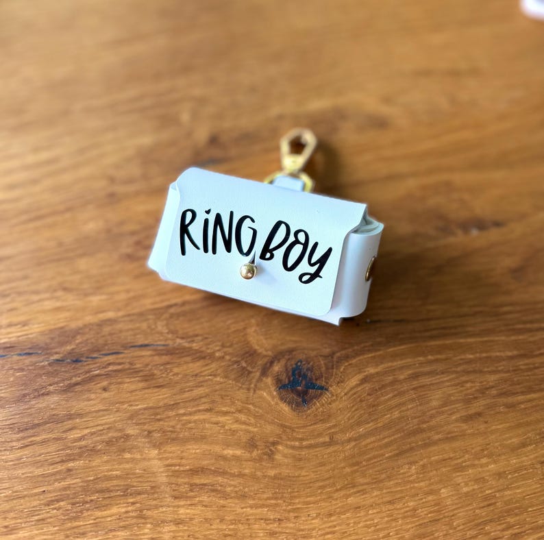 May include: A light blue leatherette bag with the words "RING BOY" in black script. The bag has a gold-colored clasp and a small gold-colored stud. The bag is designed to hold small items.