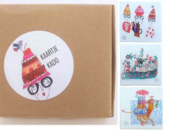 Box mit acht fröhlichen Postkarten. Briefkastenpaket, Kartenpaket, fröhliche Karten, fröhliche Kunst, humorvolle Kartenbox, Kartenmappe