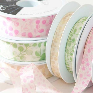 Ruban gros-grain 25 mm eucalyptus rose, vert feuille et beige naturel, AU MÈTRE