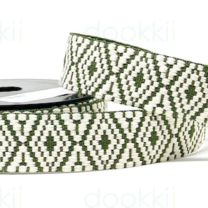 Geometric Tapestry Webbing Sage Green and Natural 38 mm BY THE METRE