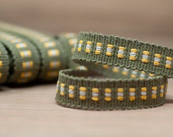 Quality Woven Mosaic Cotton Trim in Khaki Green and Mustard 19 mm BY THE METRE